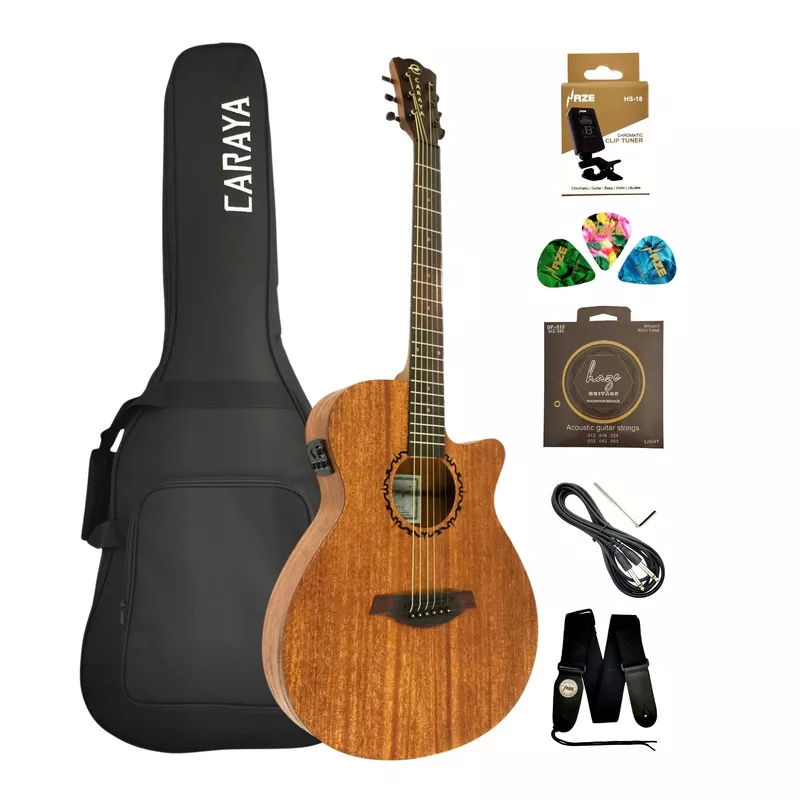 Caraya SAFAIR40CEQ 40" Traveler Thin Body Built-In Pickups/Tuner Acoustic Guitar - Natural with Accessories and 10W Amp. (Optional) Guitar + Accessories+ Amp.